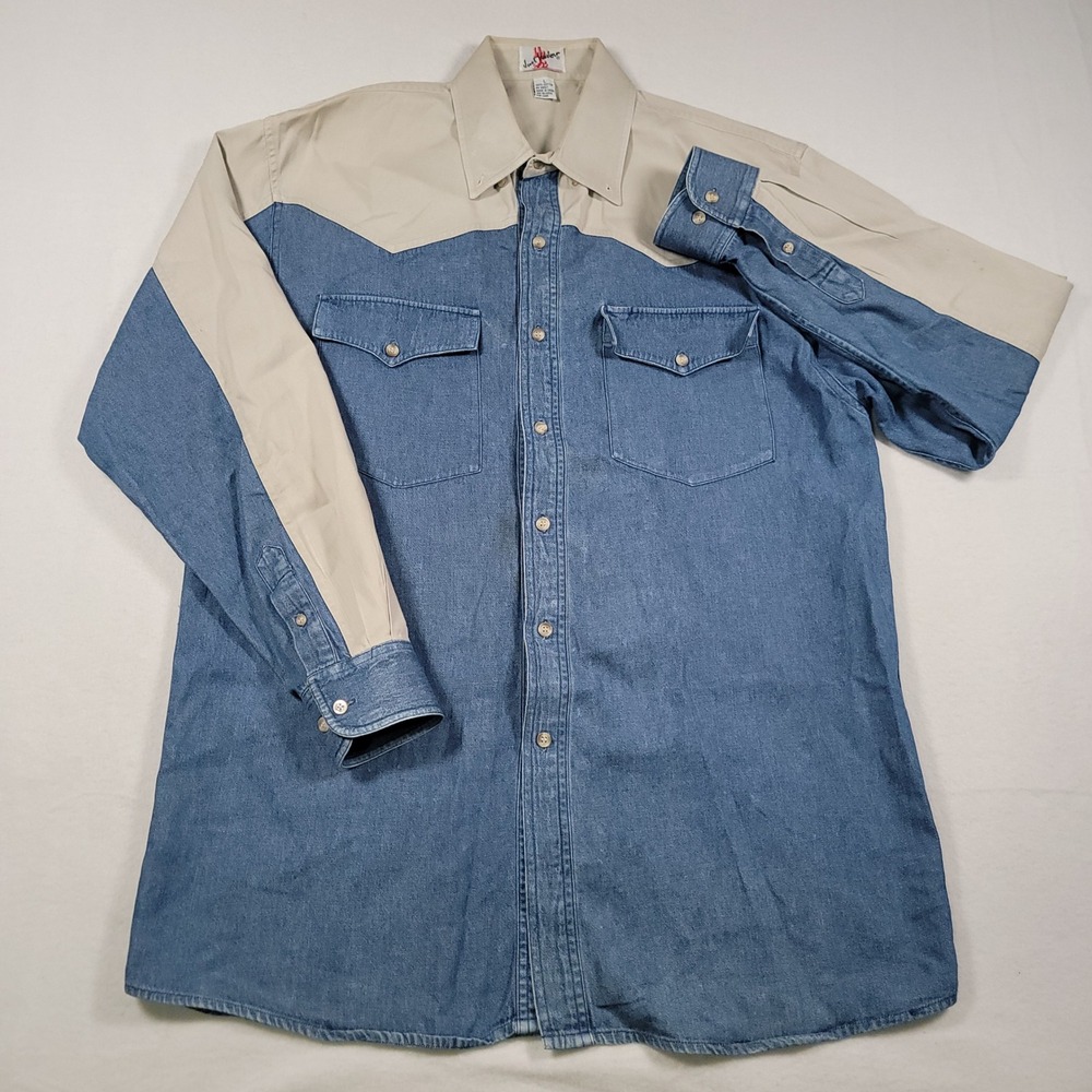 Just Western Shirt Mens L Blue Tan Two Tone Denim Cotton Cowboy - Picture 2 of 12